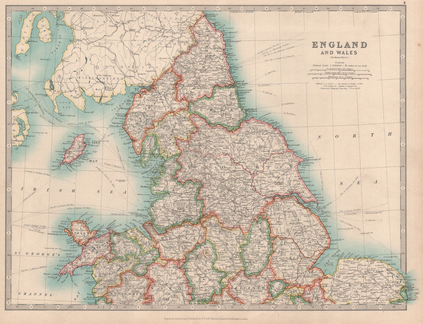 NORTHERN ENGLAND & WALES Yorkshire Ridings Lincolnshire Parts. JOHNSTON 1912 map